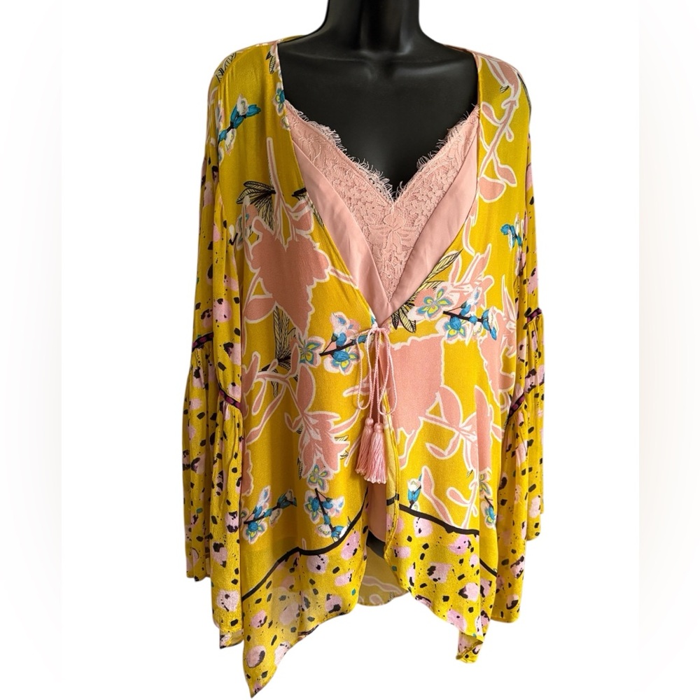 👘ANTHROPOLOGIE Floral Yellow Kimono, One Size - Picture 8 of 11